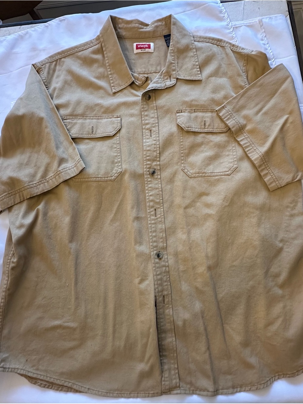 Wrangler Khaki Button-Up Shirt with Red Logo Label